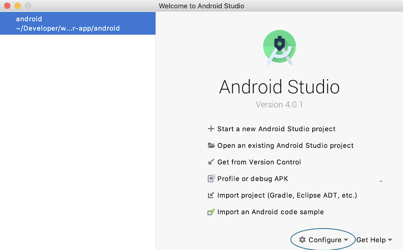 Welcome Android Studio screen